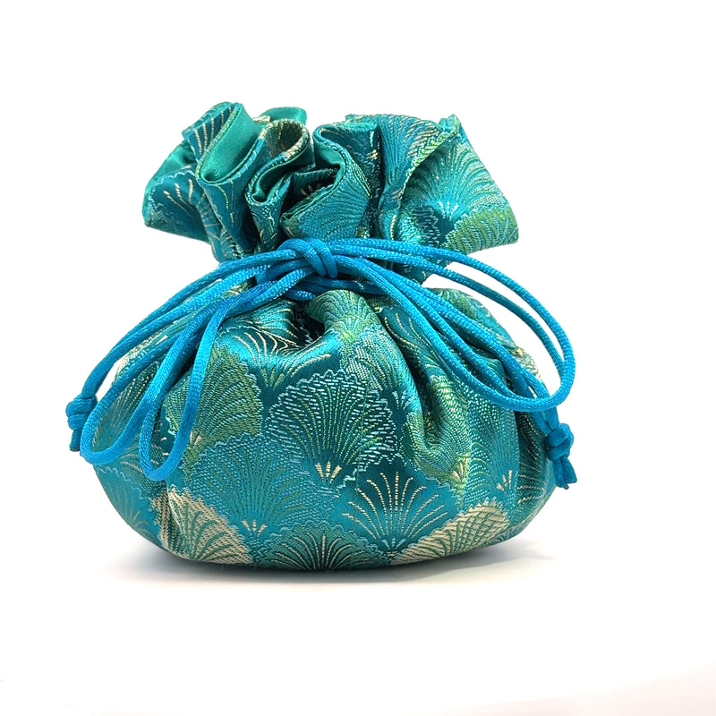 Teal Seashells Brocade Jewelry Pouch