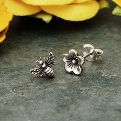 Sterling Silver Post Earrings Cherry Blossom and Bee