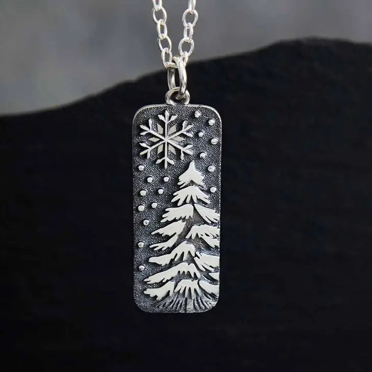 Sterling Silver Snowy Pine Tree Charm Necklace