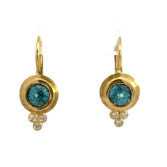 Yellow Gold Blue Zircon and Diamond Earrings