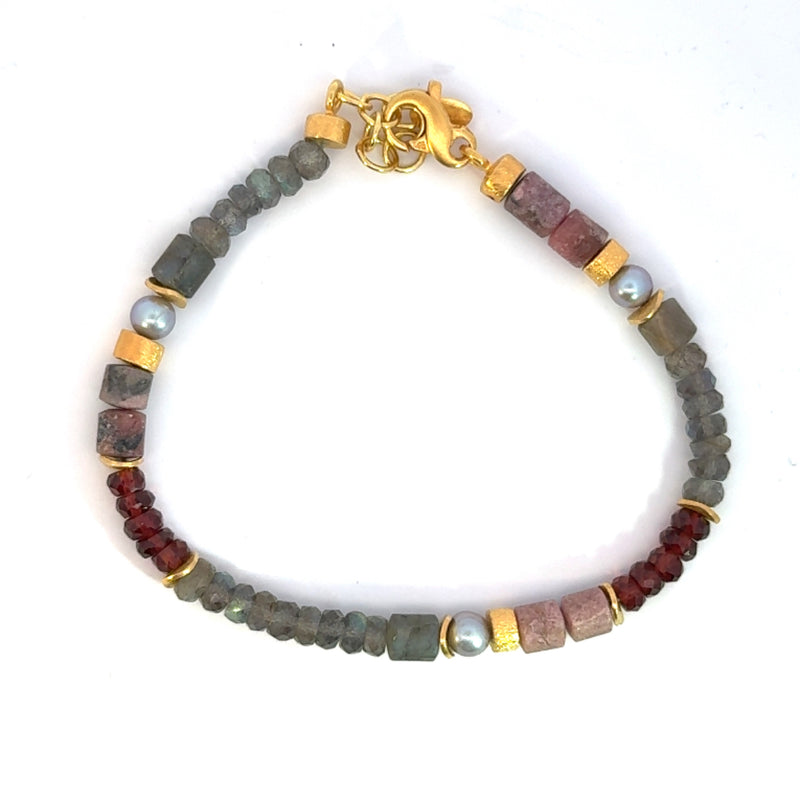 Labradorite, Garnet, Rhodonite and Grey Pearl 5mm Bracelet