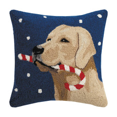 Golden Labrador Dog with Candy Cane Hook Pillow