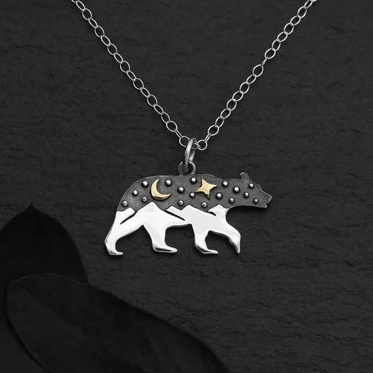 Sterling Silver Bear Charm Necklace with Bronze Moon