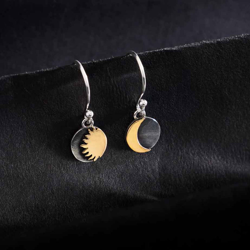 Mixed Metal Sun and Moon Dangle Earrings