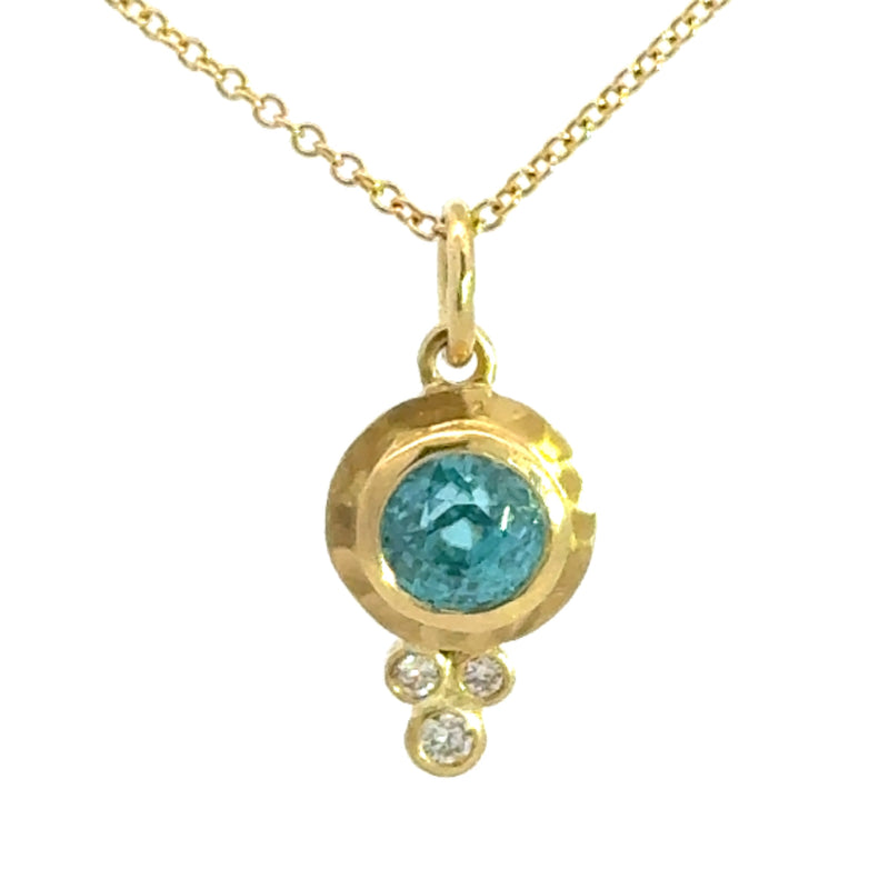 Yellow Gold Blue Zircon and Diamond Necklace