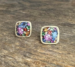 Rainbow Sapphire Cluster Stud Earrings