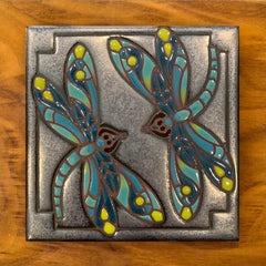 Dragonflies On Silver Hand Glazed Art Tile Trivet