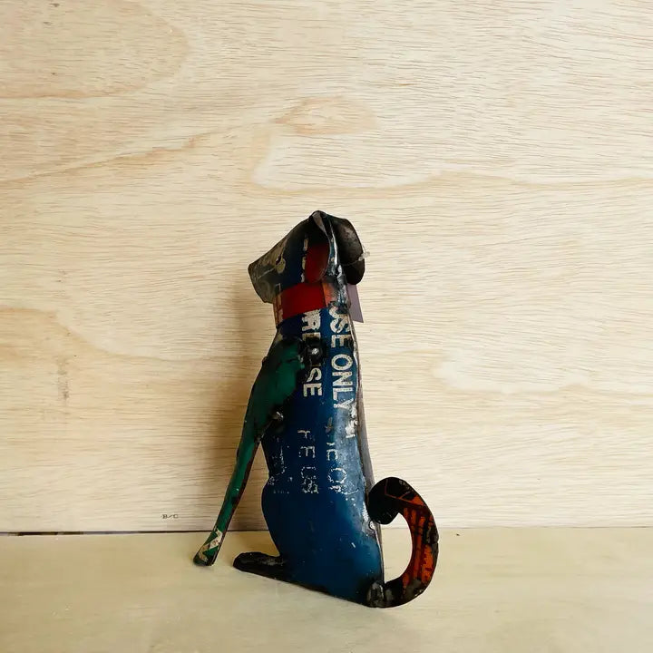 Blue Sitting Dog Recycled Metal Animal