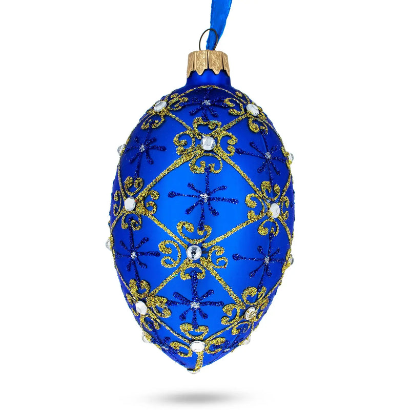 Jeweled Trellis On Blue Glass Egg Ornament