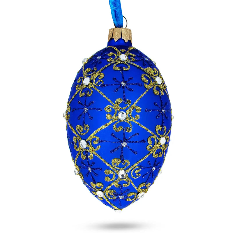 Jeweled Trellis On Blue Glass Egg Ornament