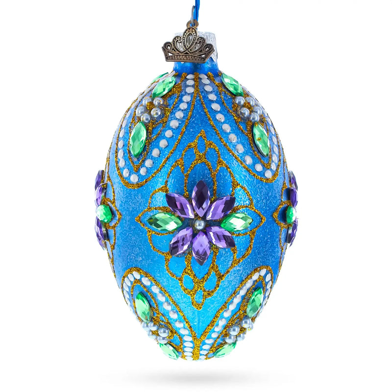 Jeweled Purple Flowers On Blue Glass Egg Ornament