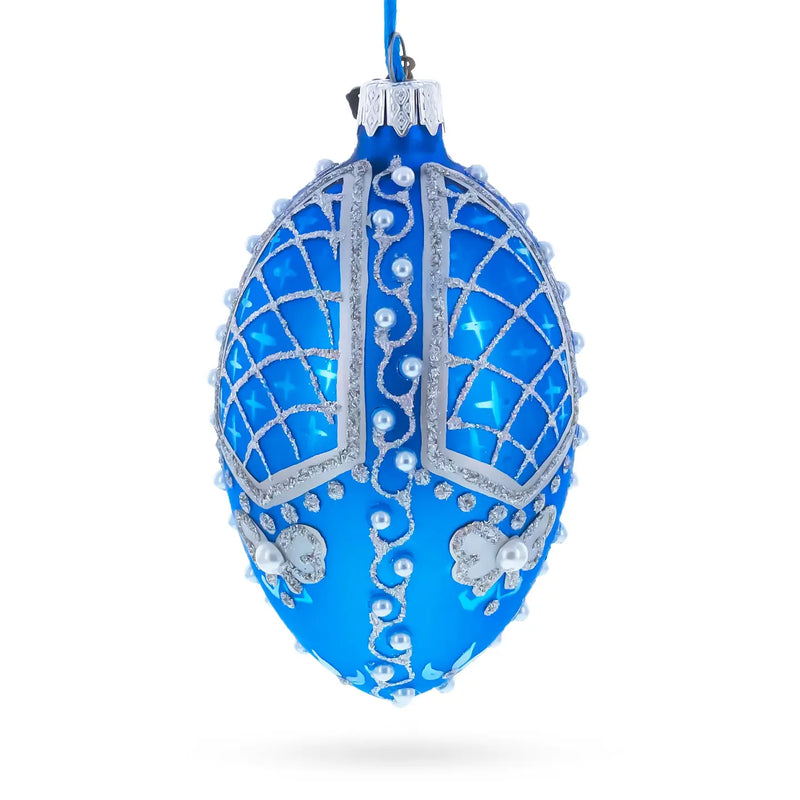 Pearls On Blue Glass Egg Ornament