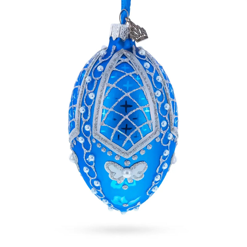 Pearls On Blue Glass Egg Ornament