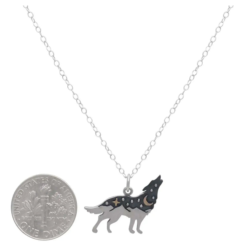 Sterling Silver Wolf Necklace with Bronze