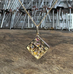 Rainbow Sapphire & Tsvavorite & Ruby Confetti Square Pendant