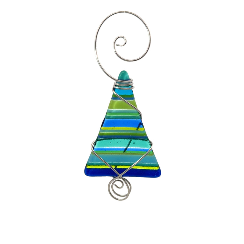 Striped Mini Tree Fused Glass Ornament - Blue/Green