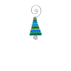 Striped Tiny Tree Fused Glass Ornament - Blue/Green