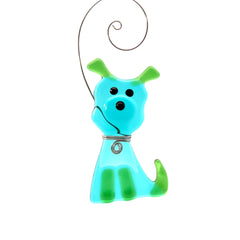 Fluffy Dog Fused Glass Ornament - Turquoise/Green