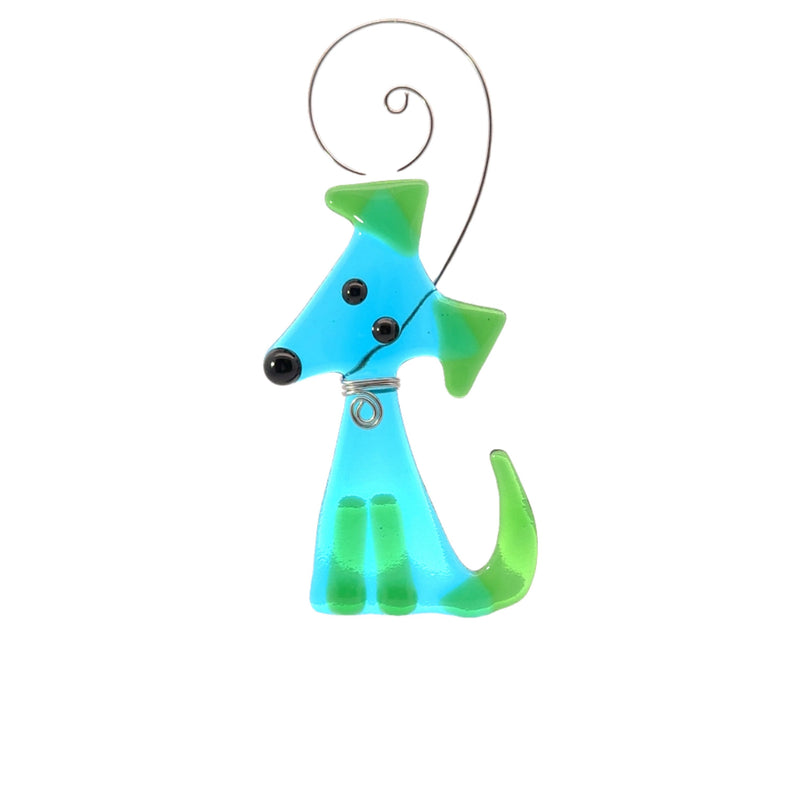 Dog Fused Glass Ornament - Bright Blue/Green