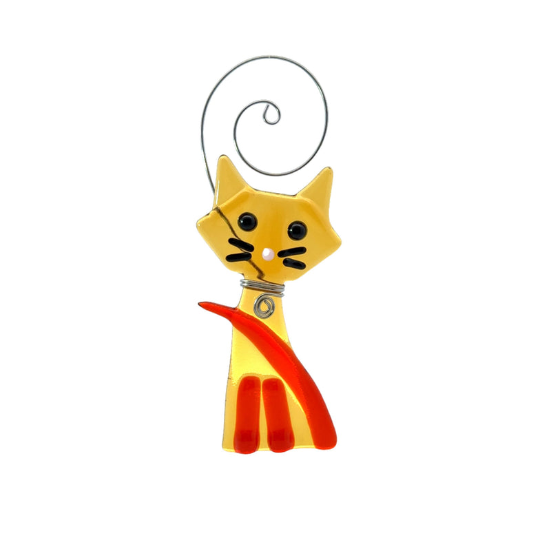 Kitty Cat Fused Glass Ornament - Amber/Orange