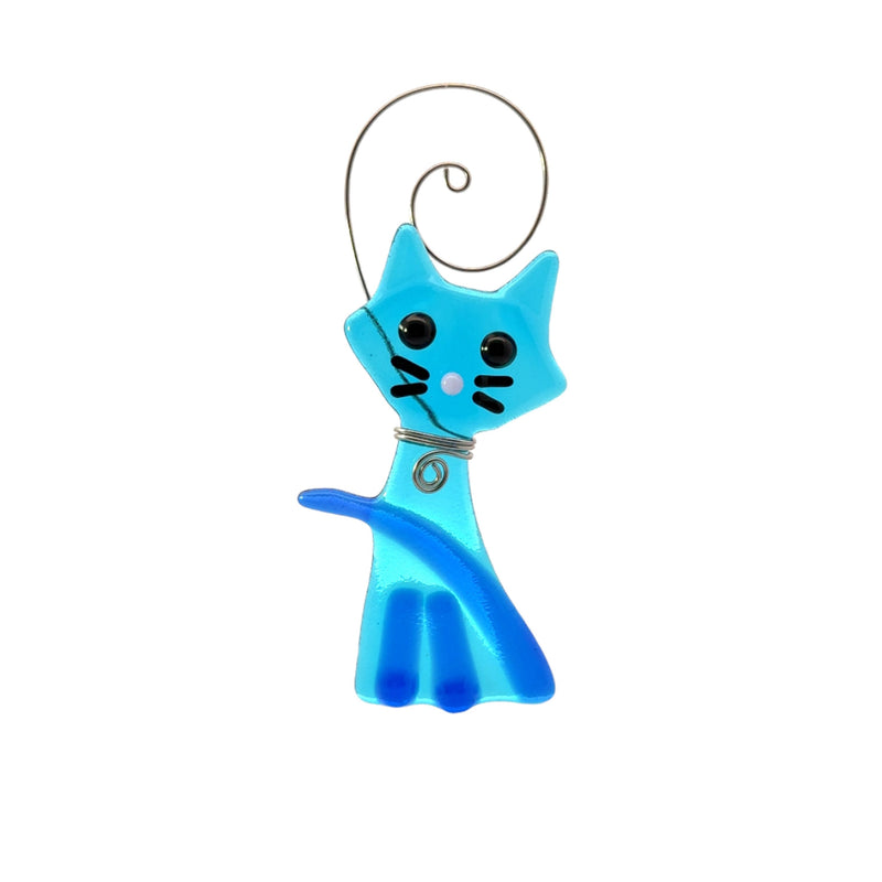 Kitty Cat Fused Glass Ornament - Light Blue/Cobalt