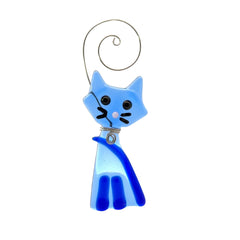 Kitty Cat Fused Glass Ornament - Bright Blue/Cobalt