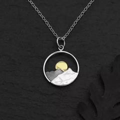 Sterling Silver Mountain Necklace with Bronze Sun