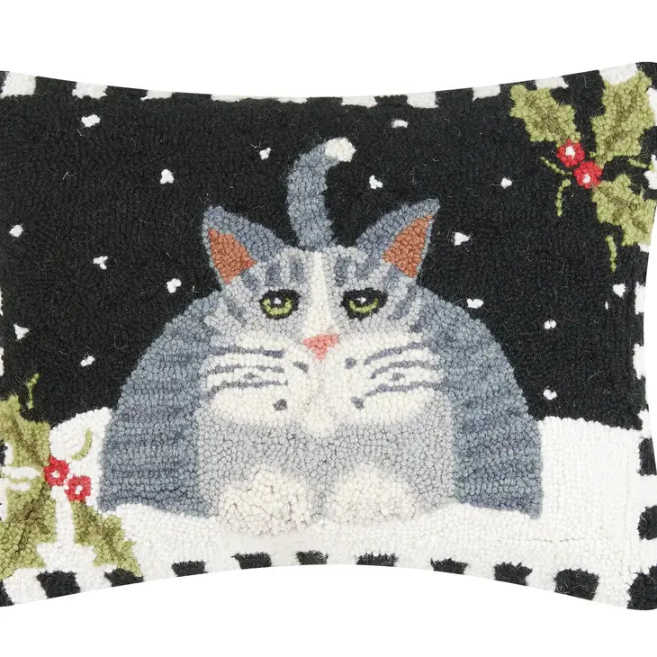 Holiday Cat Checkered Border Hook Pillow