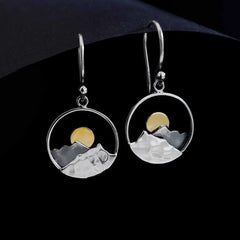 Silver Circle Mountain Earrings with Bronze Sun