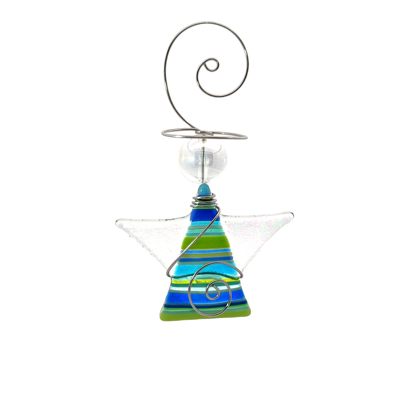 Tiny Striped Angel Fused Glass Ornament - Blue/Green