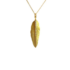 Yellow Gold and Diamond Feather Necklace in 14K