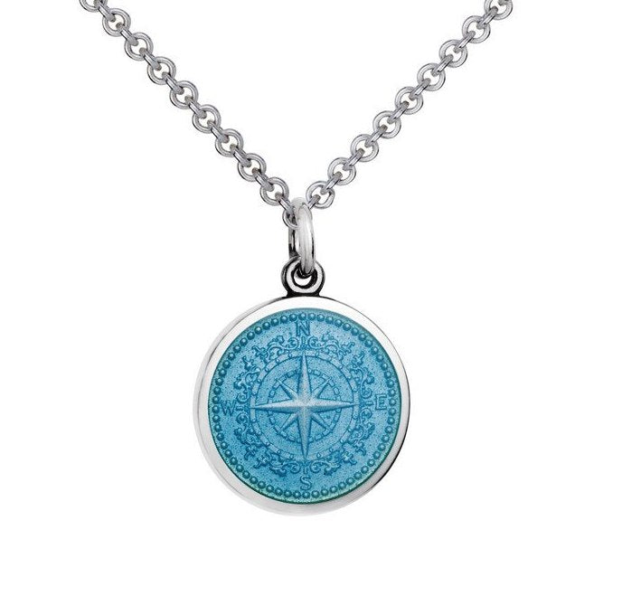 Colby Davis Sterling Small Compass Rose Pendant in Light Blue Enamel on Chain