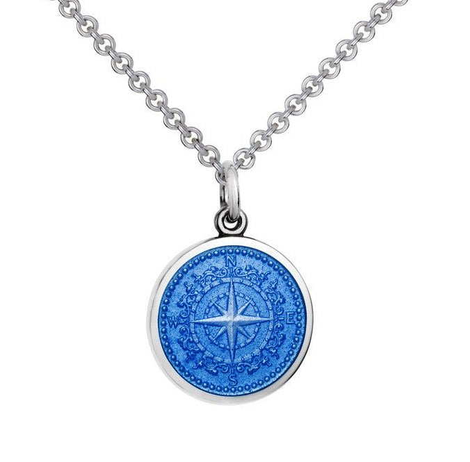 Colby Davis Sterling Small Compass Rose Pendant in French Blue Enamel on Chain