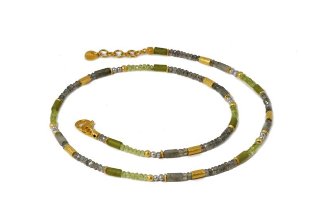 Beaded Gemstone Necklace with Labradorite, Peridot, Prehnite Beads