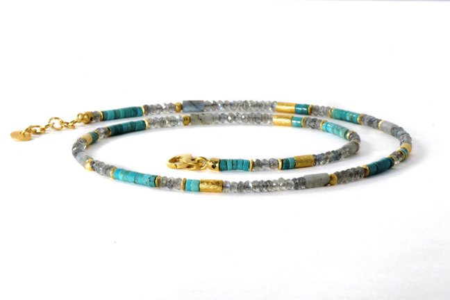 Beaded Gemstone Necklace with Labradorite and Turquoise Beads