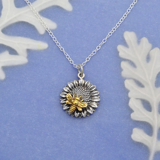 Sterling Silver Sunflower Necklace with Bronze Bee