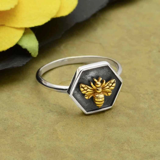 Silver Hexagon Shadow Box Ring with Bronze Bee