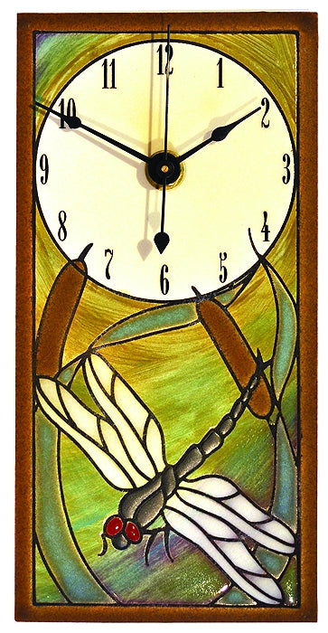 All Fired Up Tall Ceramic Wall Clock in Dragonfly/Bulrush