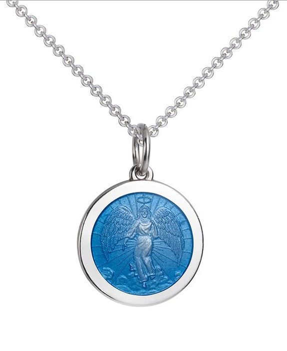 Colby Davis Medium Sterling Guardian Angel Pendant in French Blue Enamel on Chain