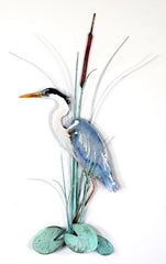 Bovano Enamel Blue Heron with Cattails Wall Decor 