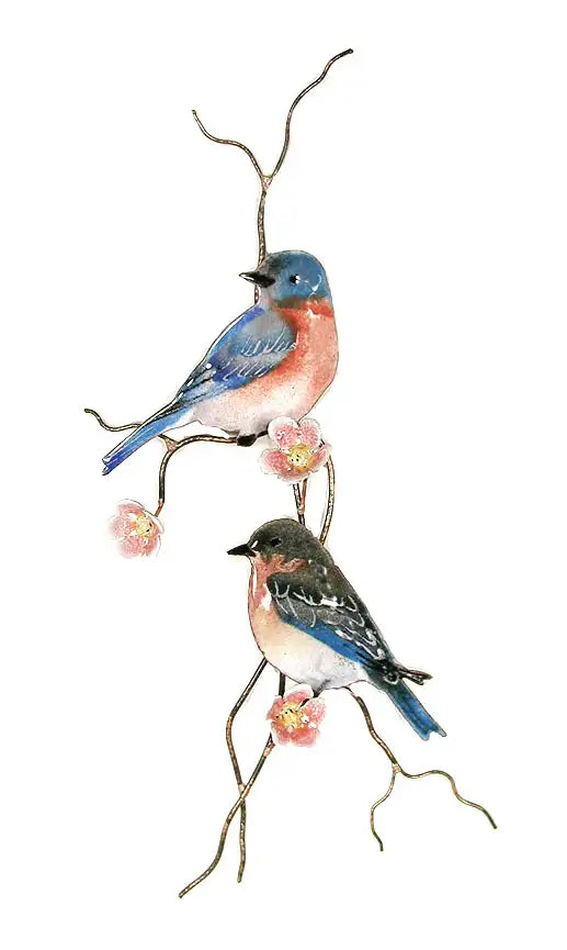 Two Bluebirds on Peach Flower Branch
