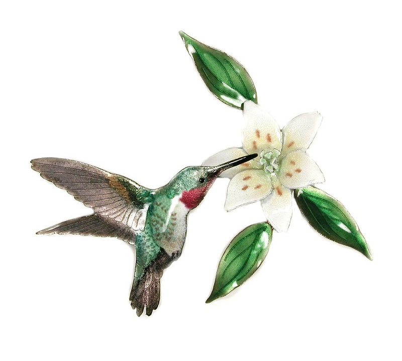 Bovano Enamel Broad Tailed Hummingbird with Wood Lily Wall Decor 