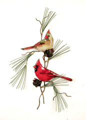Bovano Enamel Two Cardinals with Copper Pine Cones Wall Decor 