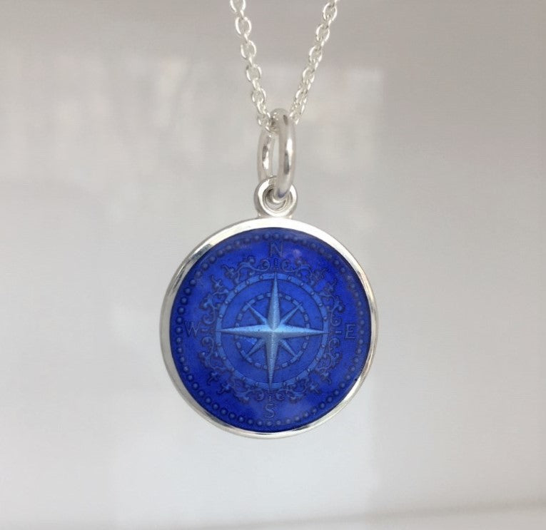 Colby Davis Sterling Small Compass Rose Pendant in Royal Blue Enamel on Chain