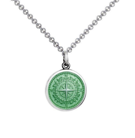 Colby Davis Sterling Small Compass Rose Pendant in Light Green Enamel on Chain 
